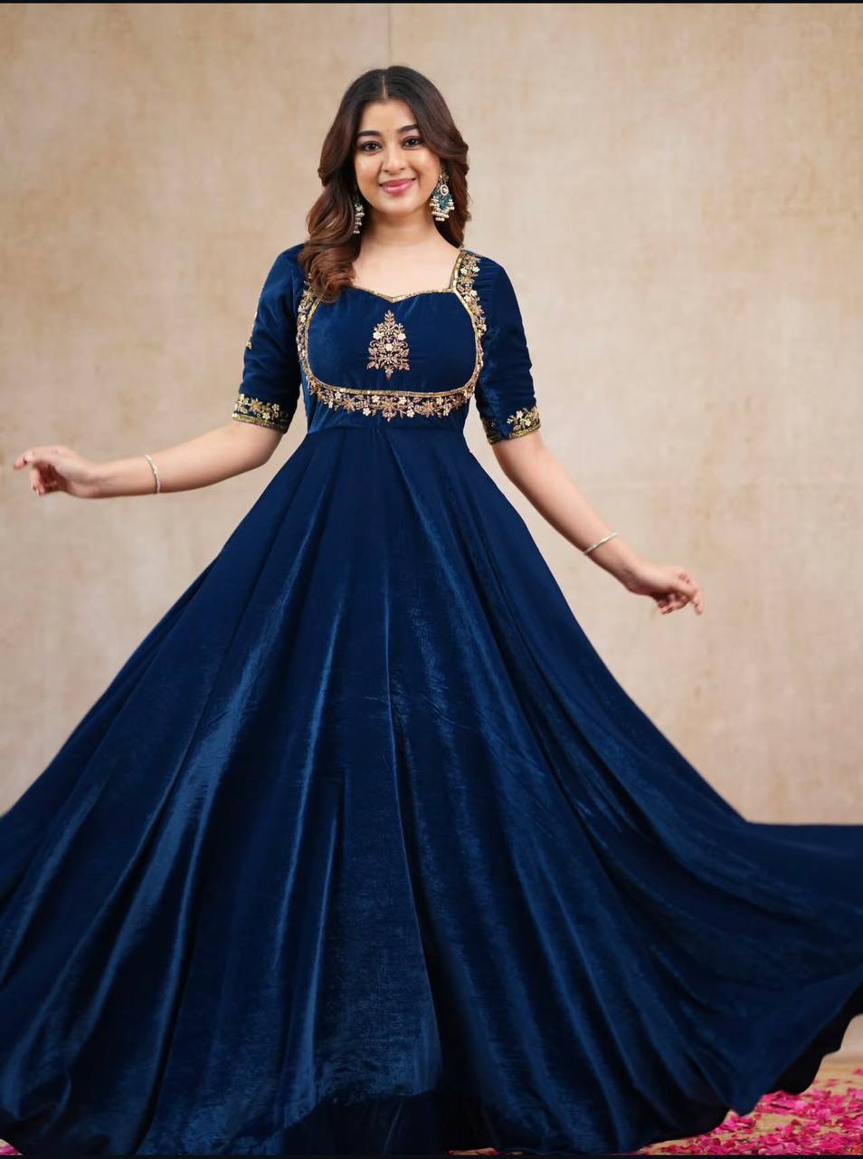 Royal Navy Blue Velvet Anarkali Suit Set