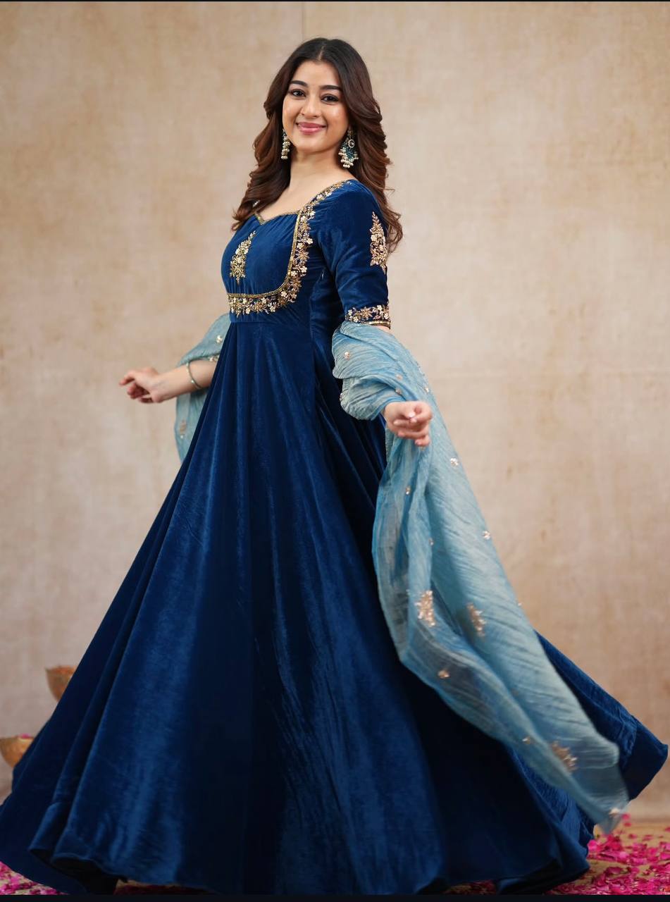 Royal Navy Blue Velvet Anarkali Suit Set