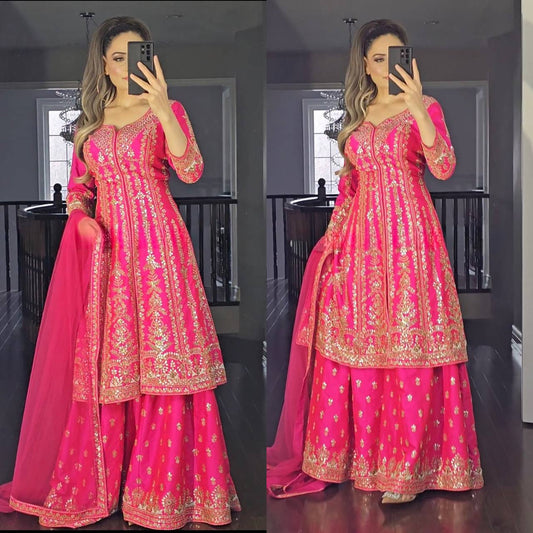 Shaniya Rani Pink Long Top Sharara Plazzo Dupatta Suit Set