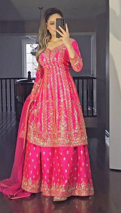 Shaniya Rani Pink Long Top Sharara Plazzo Dupatta Suit Set