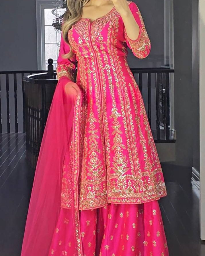 Shaniya Rani Pink Long Top Sharara Plazzo Dupatta Suit Set
