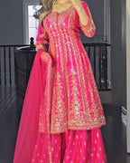 Shaniya Rani Pink Long Top Sharara Plazzo Dupatta Suit Set