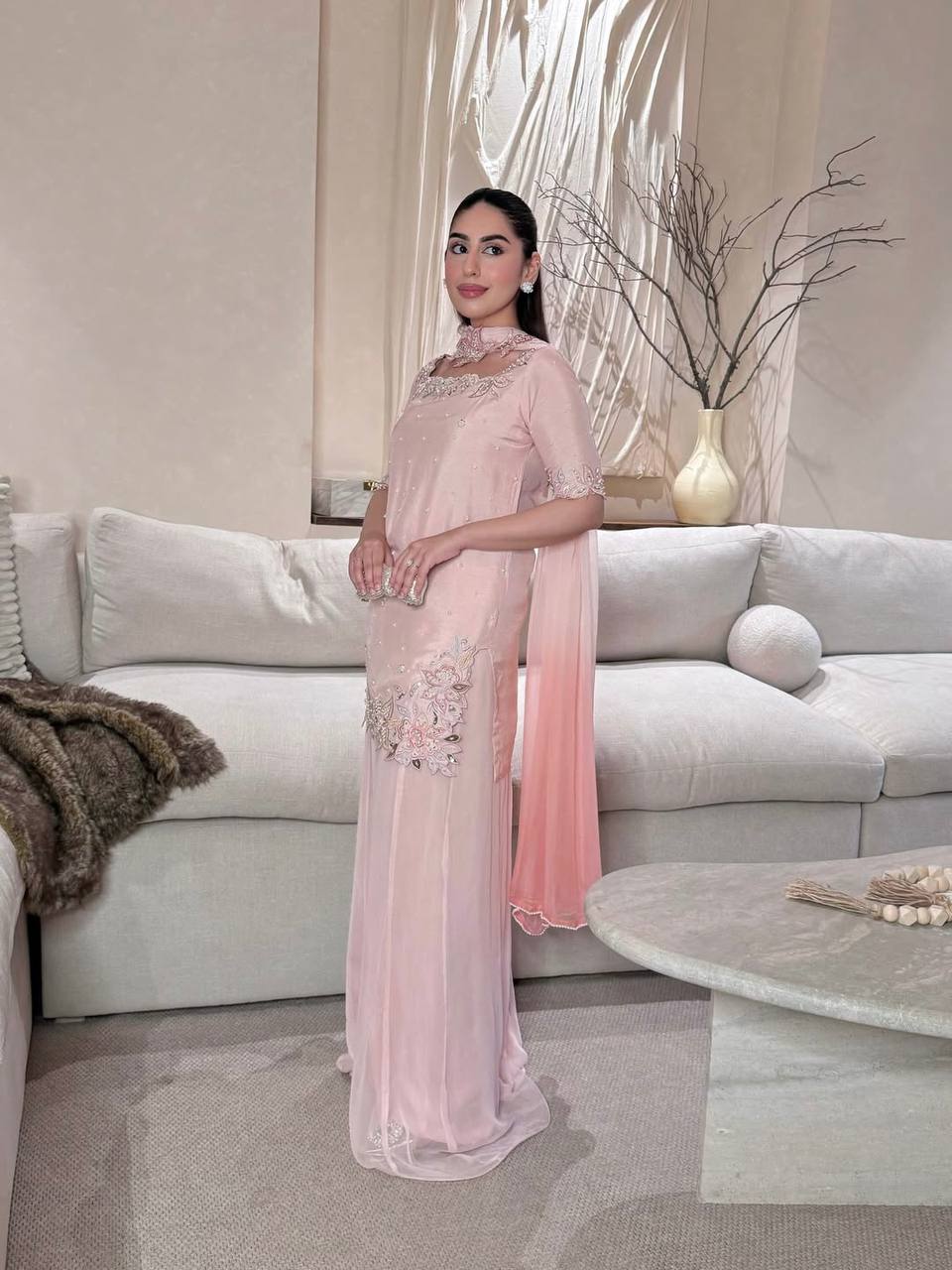 Rich Pink Petal Embroidered Suit Set