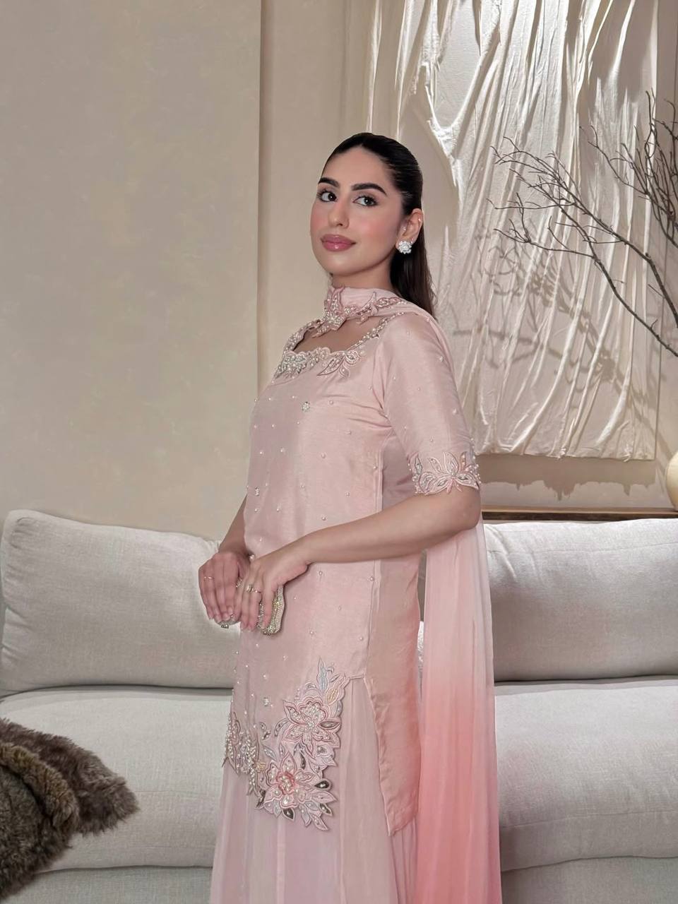 Rich Pink Petal Embroidered Suit Set