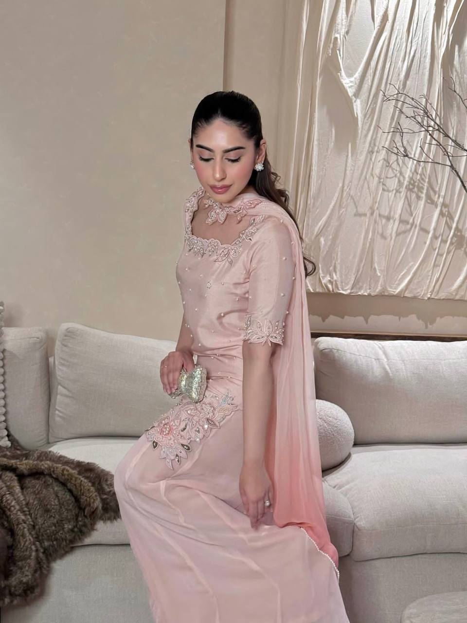 Rich Pink Petal Embroidered Suit Set