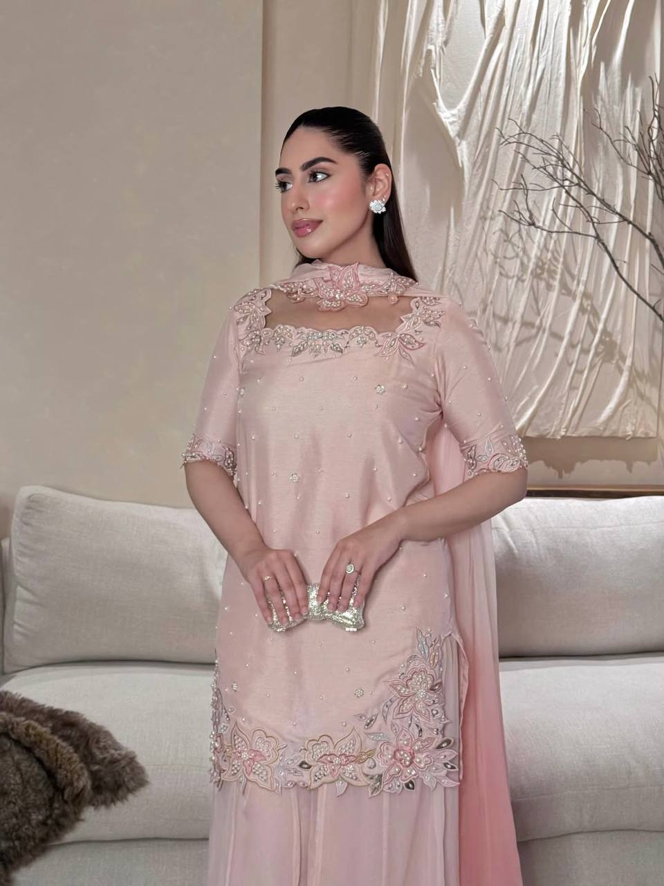 Rich Pink Petal Embroidered Suit Set