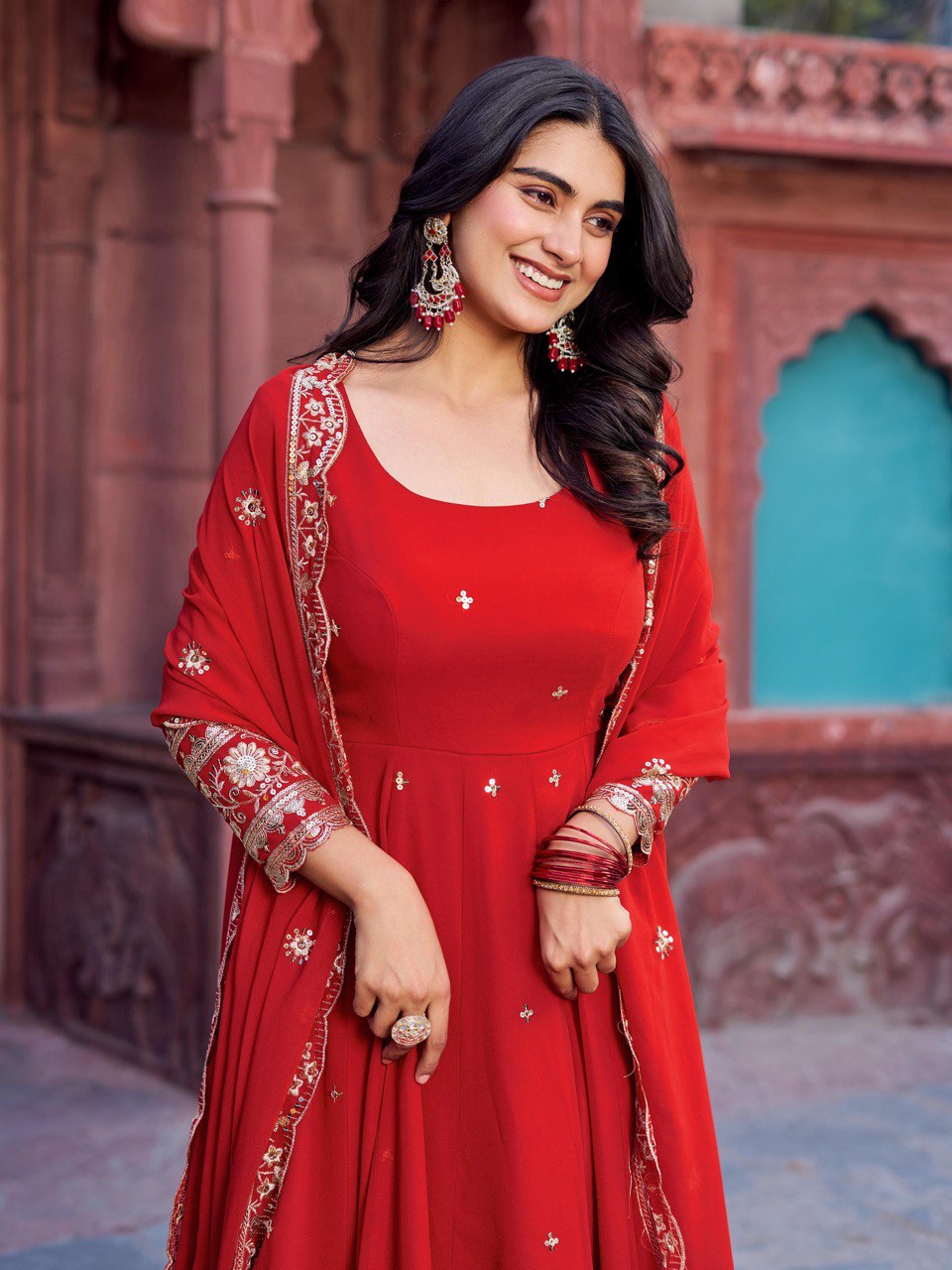 Zyrenza Red Celestique Anarkali Suit Set