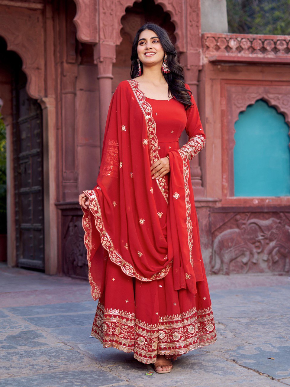 Zyrenza Red Celestique Anarkali Suit Set