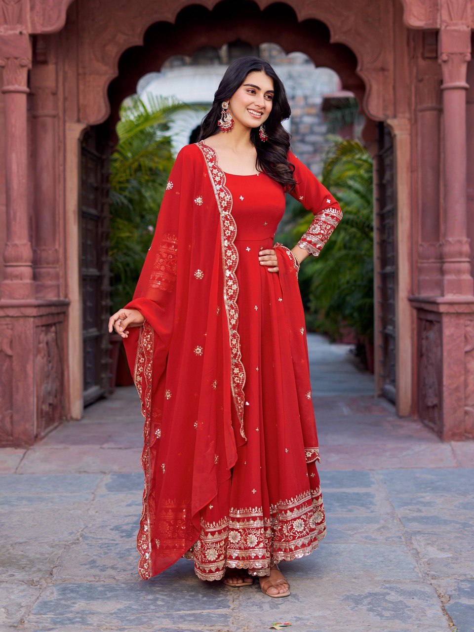 Zyrenza Red Celestique Anarkali Suit Set