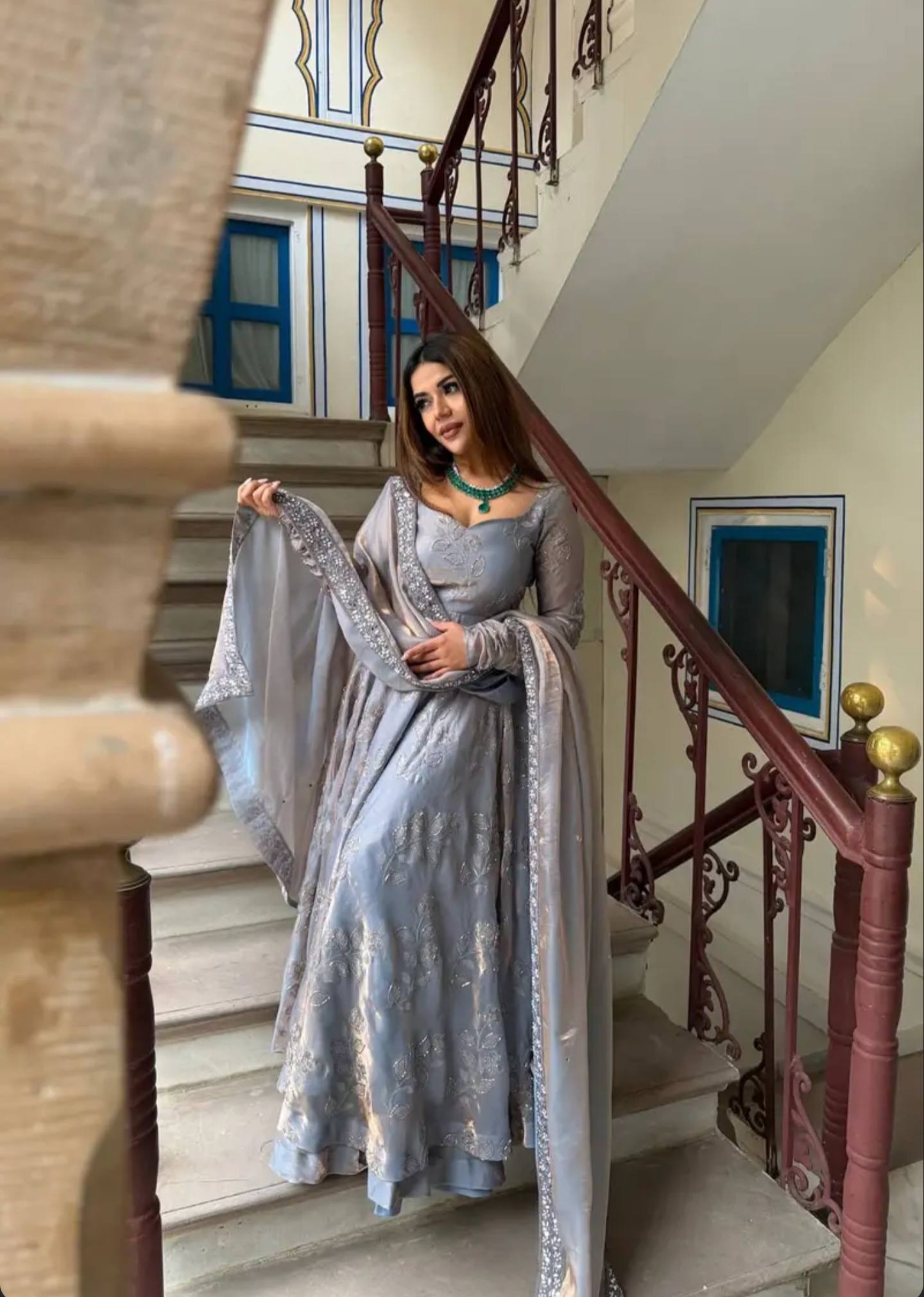 MRUNAL GREY AND GOLDAN SHADOW ANARKALI SUIT SET