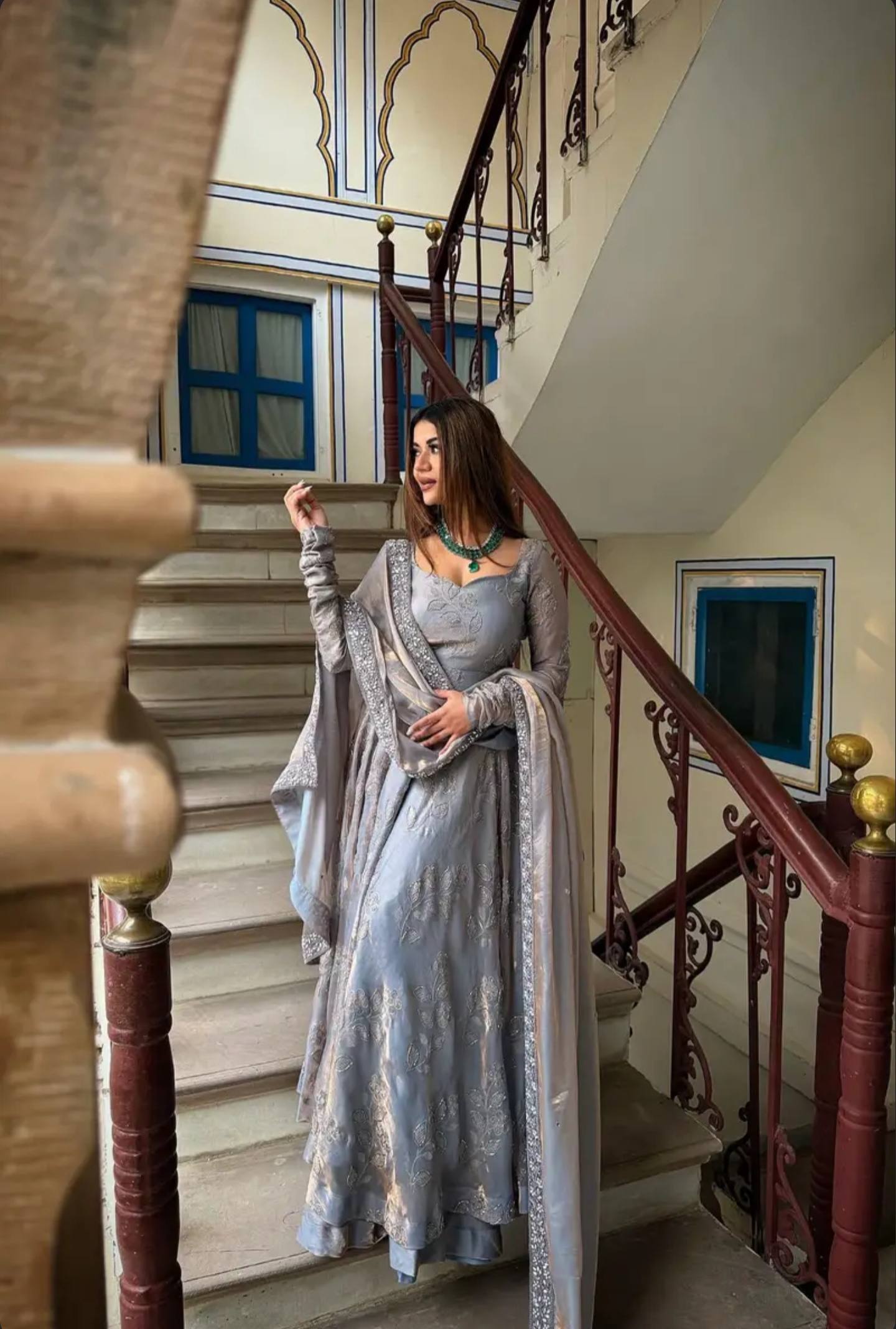 MRUNAL GREY AND GOLDAN SHADOW ANARKALI SUIT SET