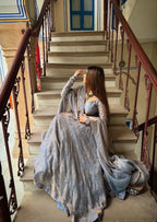 MRUNAL GREY AND GOLDAN SHADOW ANARKALI SUIT SET