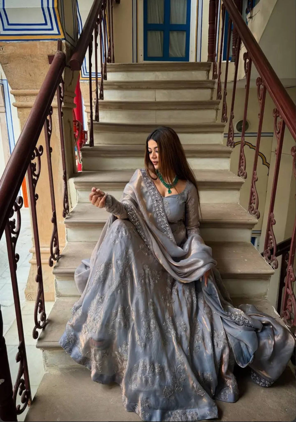MRUNAL GREY AND GOLDAN SHADOW ANARKALI SUIT SET