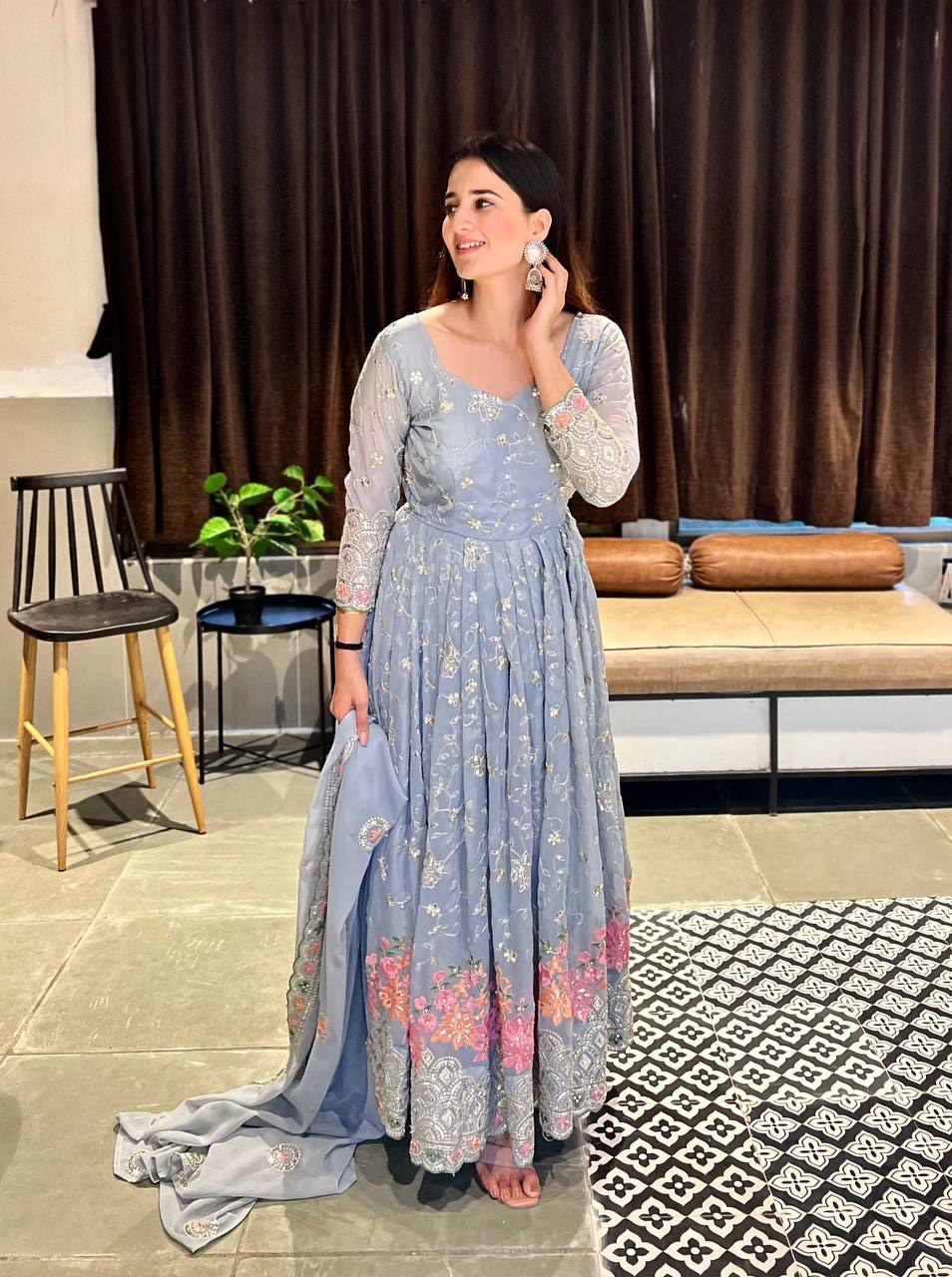 Aria Frost Floral Anarkali Suit Set