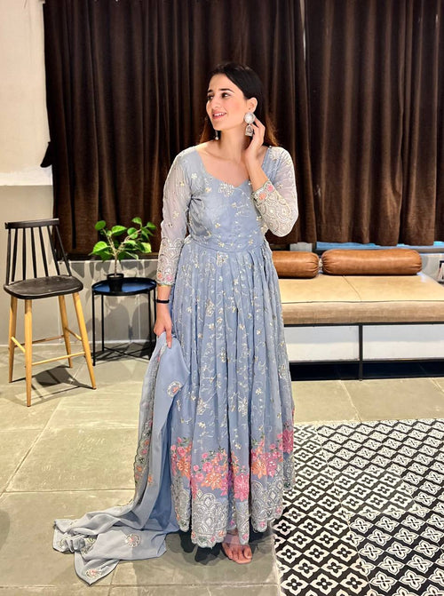 Aria Frost Floral Anarkali Suit Set