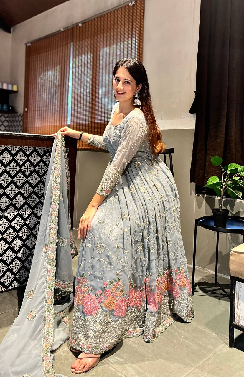 Aria Frost Floral Anarkali Suit Set