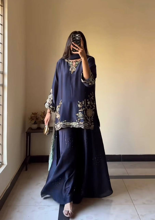 Mehtab blue Bids Hand Work Embroidery Sequence  Suit Set