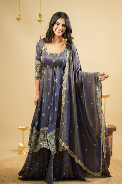 KRUSHNAVI GREY COSMO SLIT ANARKALI SUIT SET