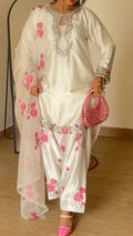 White Pink Rose Kurta Pant Suit Set