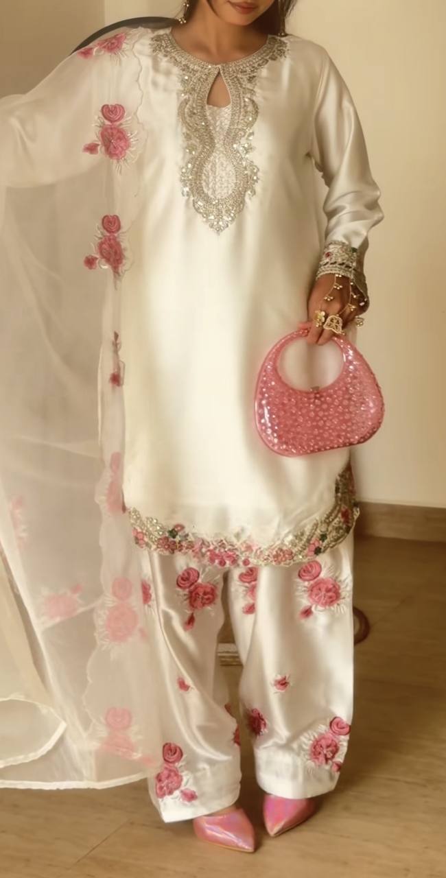 White Pink Rose Kurta Pant Suit Set
