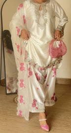 White Pink Rose Kurta Pant Suit Set