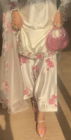 White Pink Rose Kurta Pant Suit Set