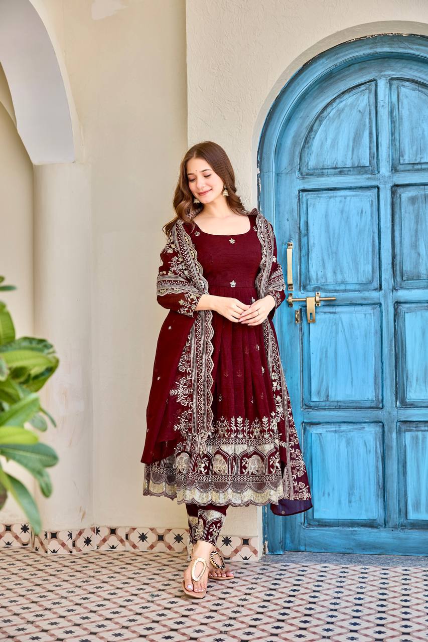 Ishanvi Maroon Heritage Embroidered Anarkali with Dupatta