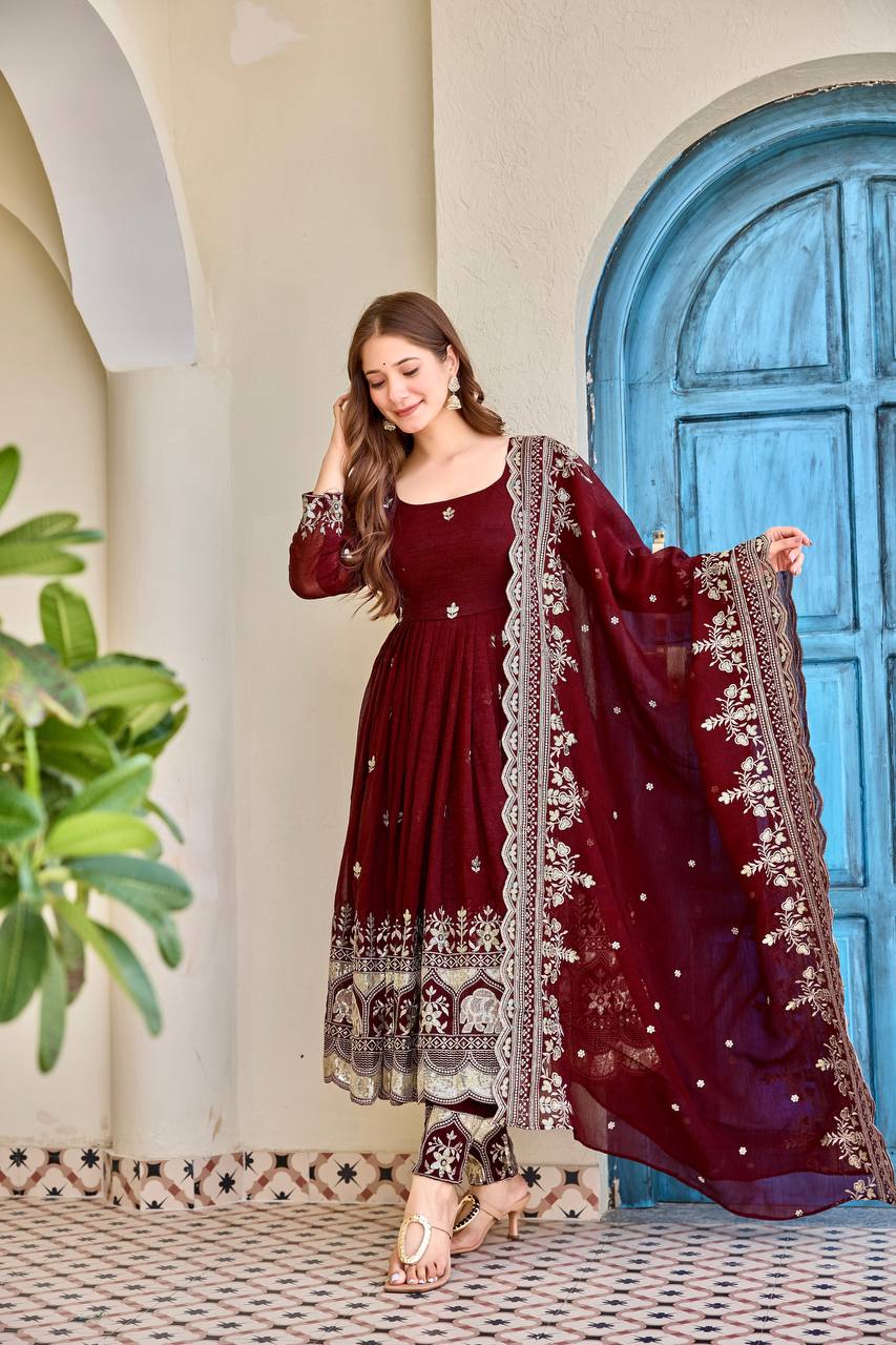 Ishanvi Maroon Heritage Embroidered Anarkali with Dupatta