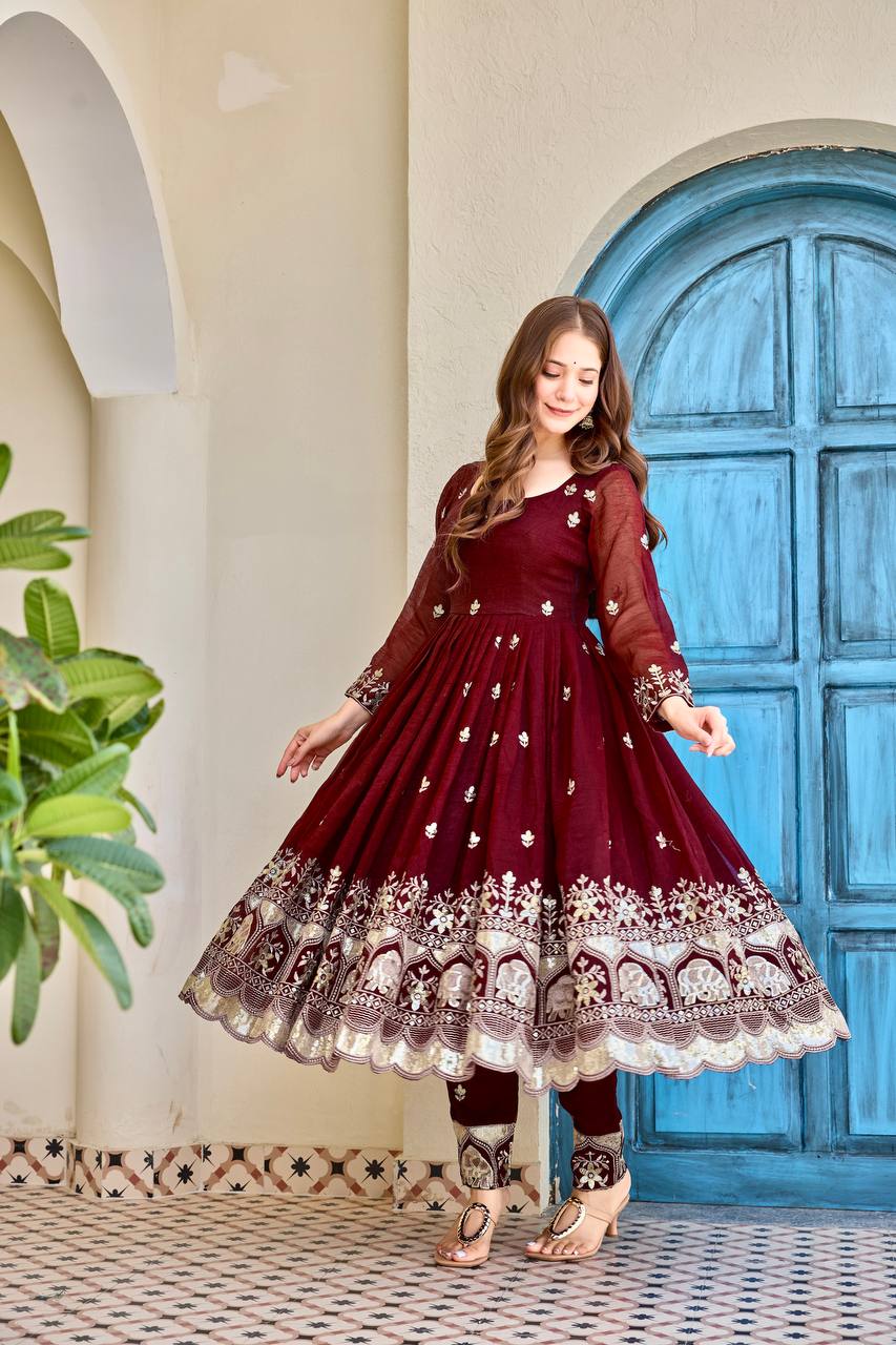 Ishanvi Maroon Heritage Embroidered Anarkali with Dupatta