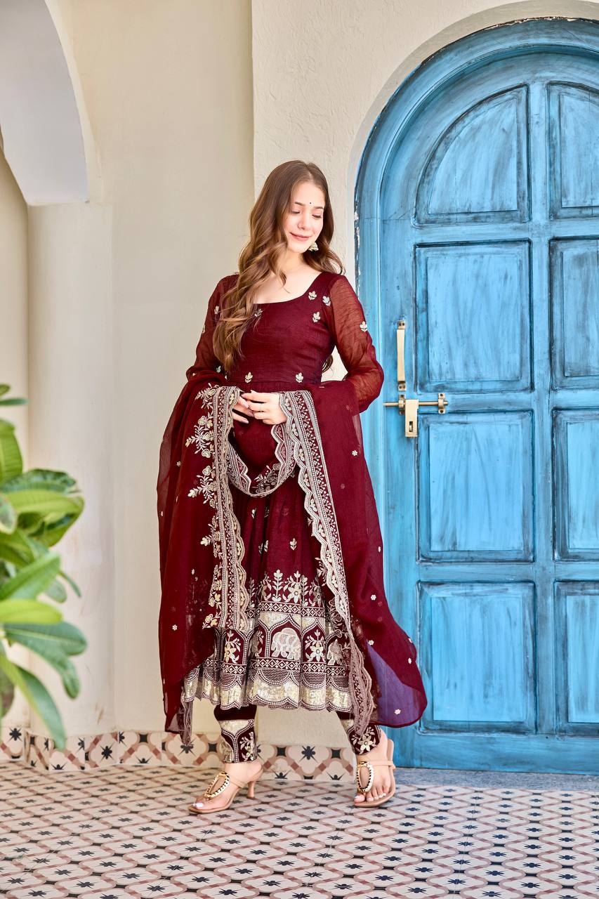 Ishanvi Maroon Heritage Embroidered Anarkali with Dupatta
