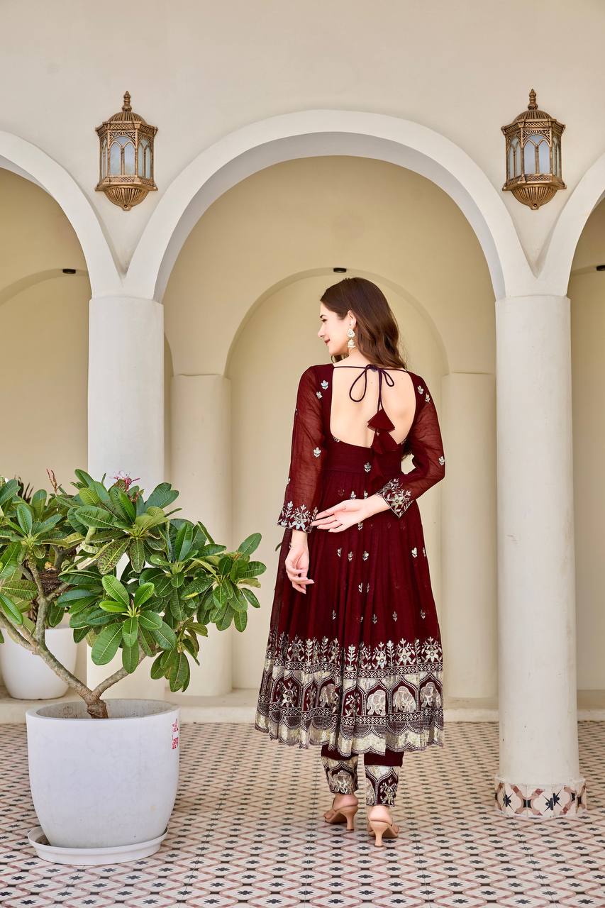 Ishanvi Maroon Heritage Embroidered Anarkali with Dupatta