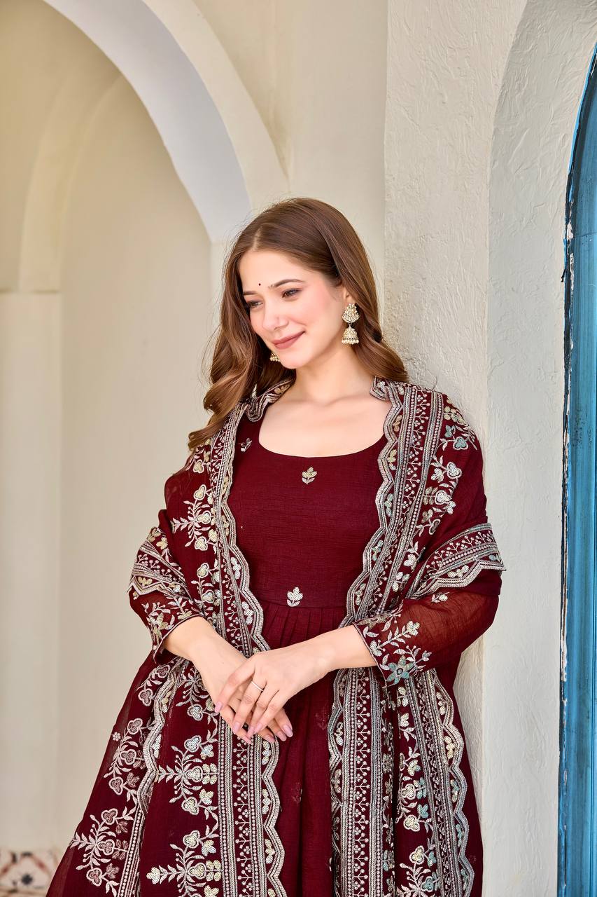 Ishanvi Maroon Heritage Embroidered Anarkali with Dupatta