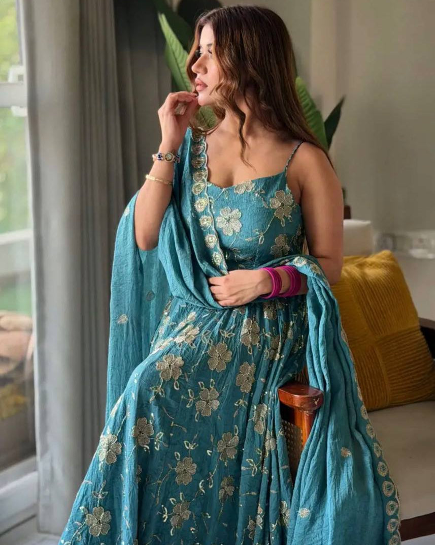 Aabroo Firozi Floral Anarkali Suit Set