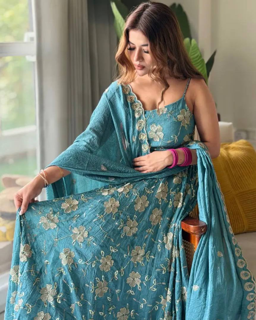 Aabroo Firozi Floral Anarkali Suit Set