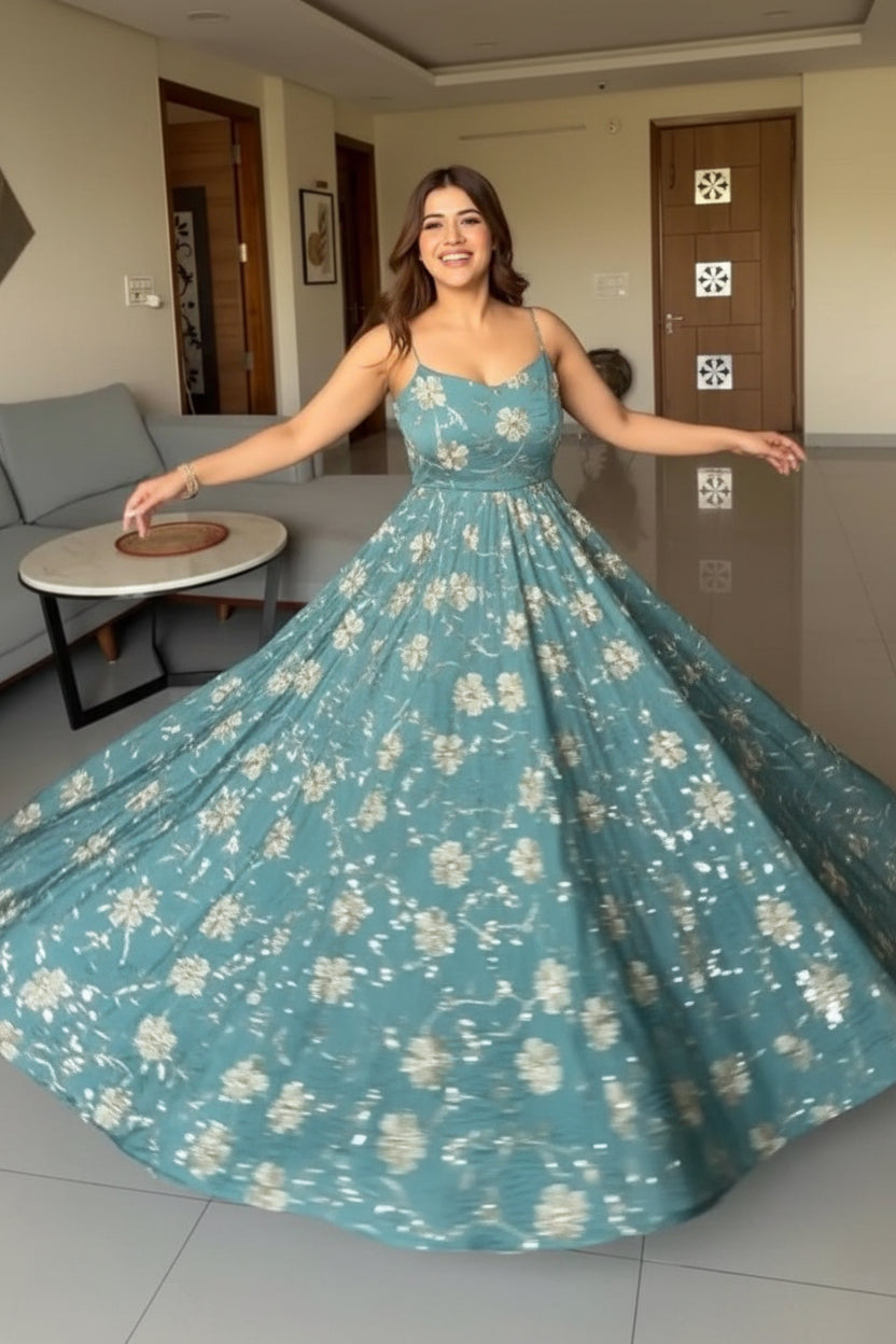 Aabroo Firozi Floral Anarkali Suit Set