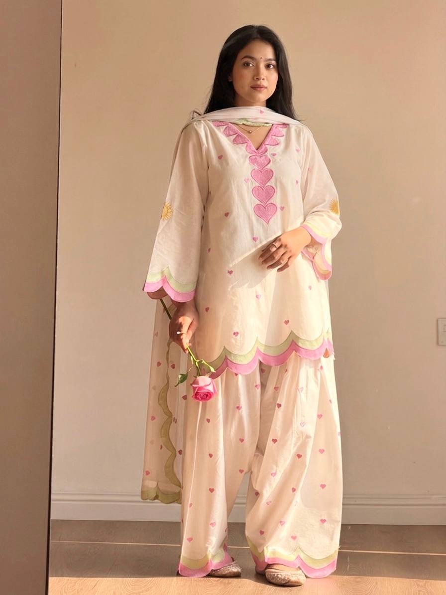 Ivory Pink Heart Printed Suit with Dupatta