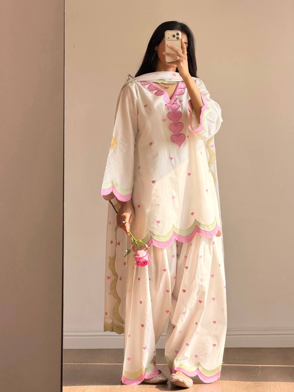 Ivory Pink Heart Printed Suit with Dupatta