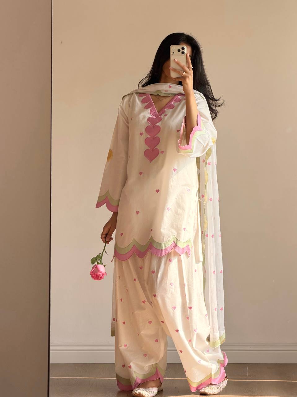 Ivory Pink Heart Printed Suit with Dupatta