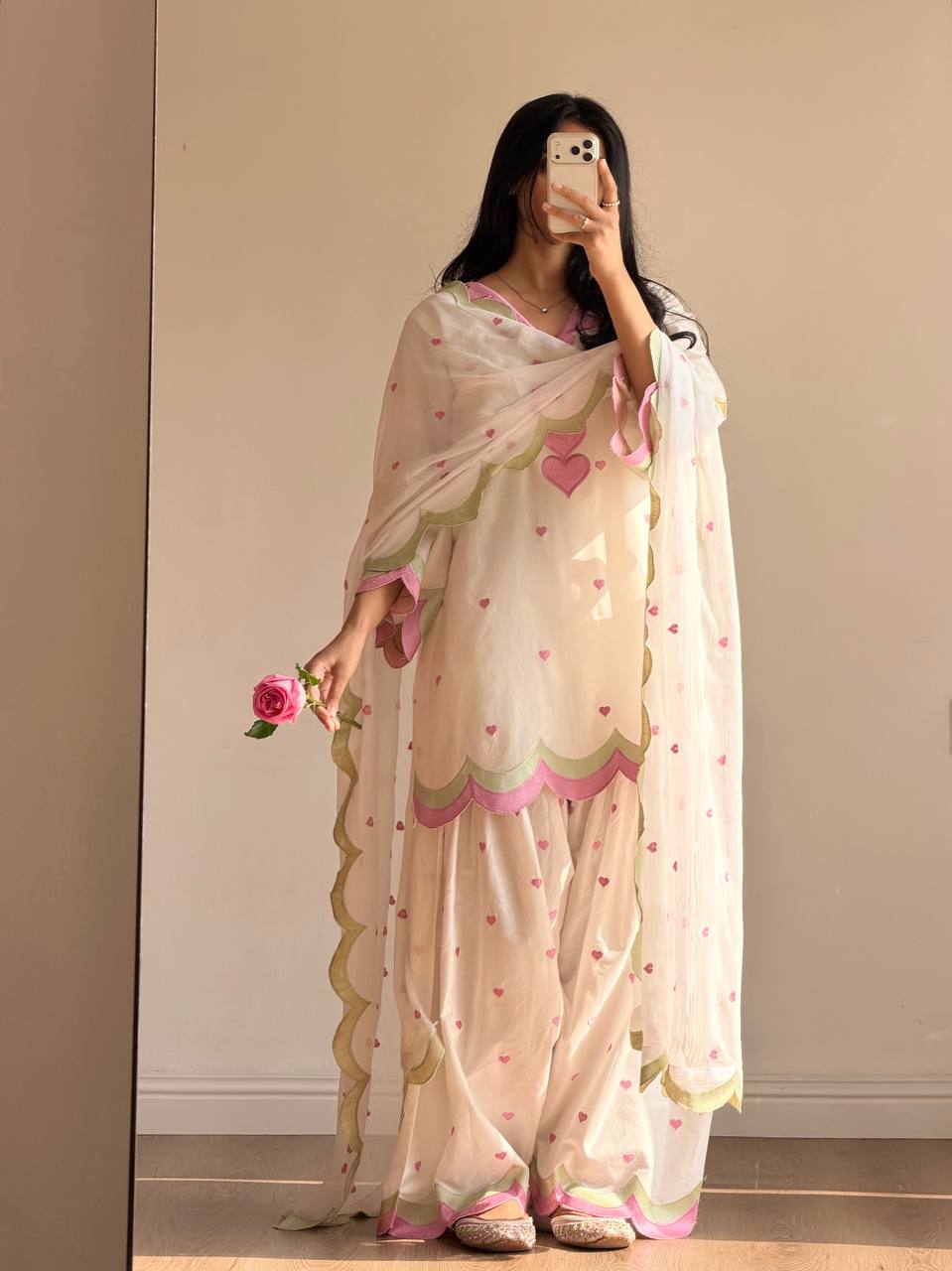 Ivory Pink Heart Printed Suit with Dupatta