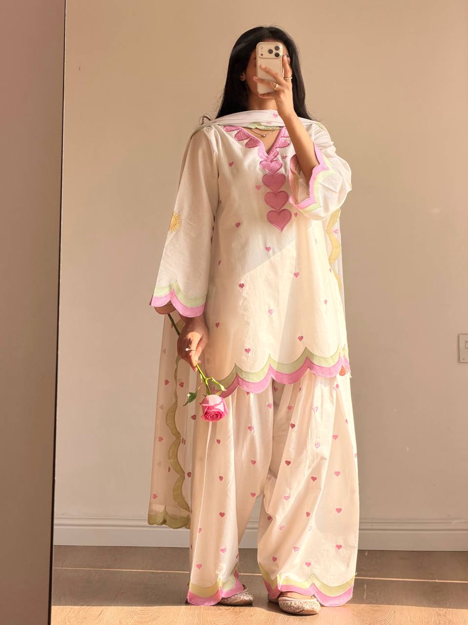Ivory Pink Heart Printed Suit with Dupatta