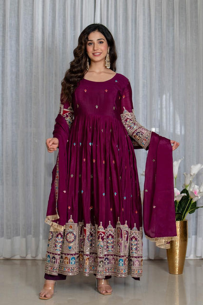 Simran's wine Canvas Cinon Silk Anarkali Suit Set