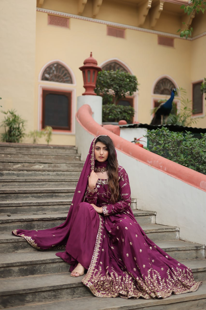 RUKSAR WINE DESIGNER SHARARA SUIT SET