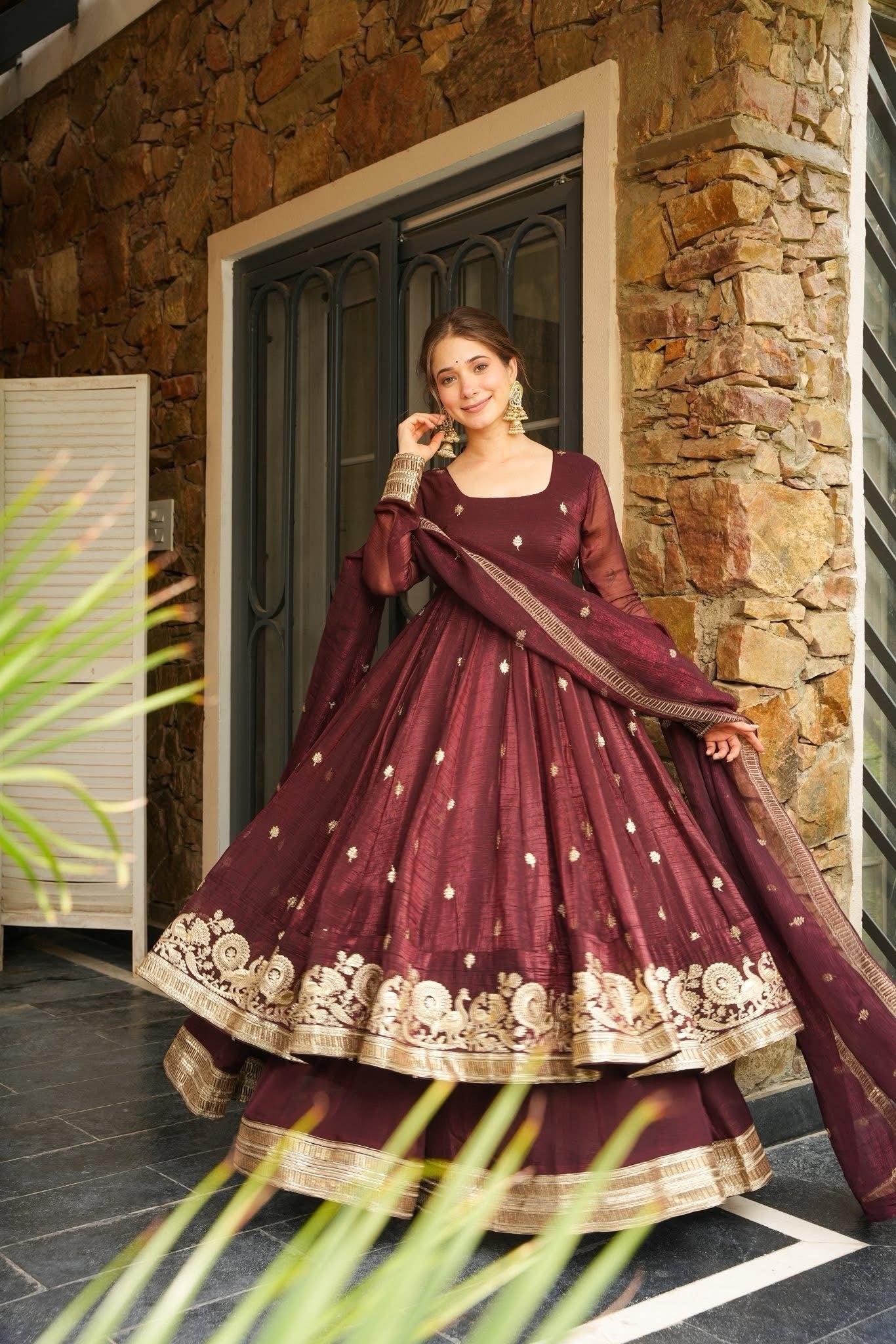 RASMIKA MARRON COLOUR EMBROIDERED SUIT SET