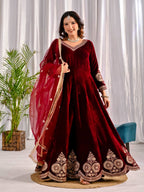 JAKIRA MARRON VELVET ANARKALI SUIT SET