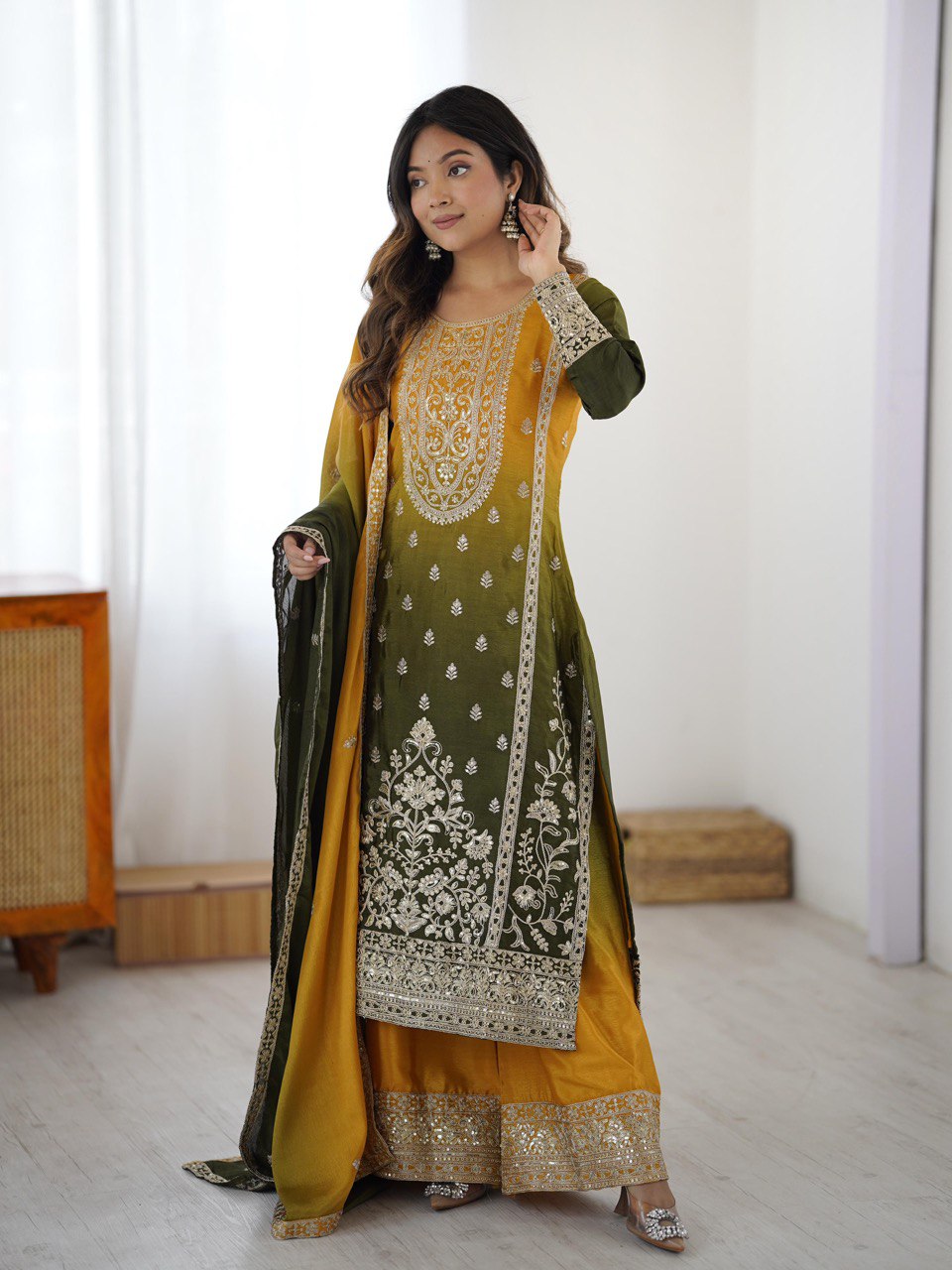 YAMIKA YELLOW AND GREEN SLWAR SUIT SET