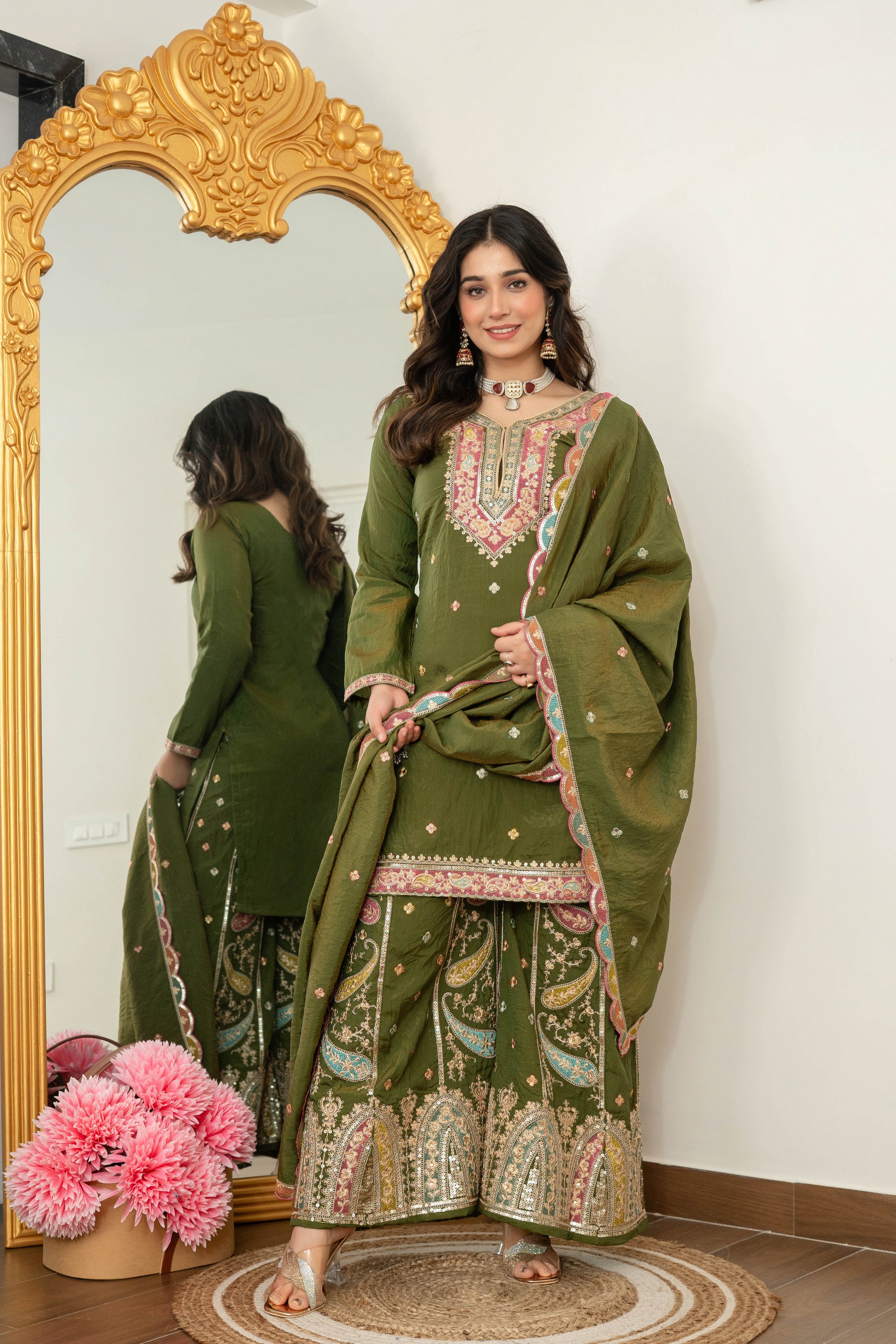 Zehra Green Embroidered Kurta Palazzo Dupatta Suit Set