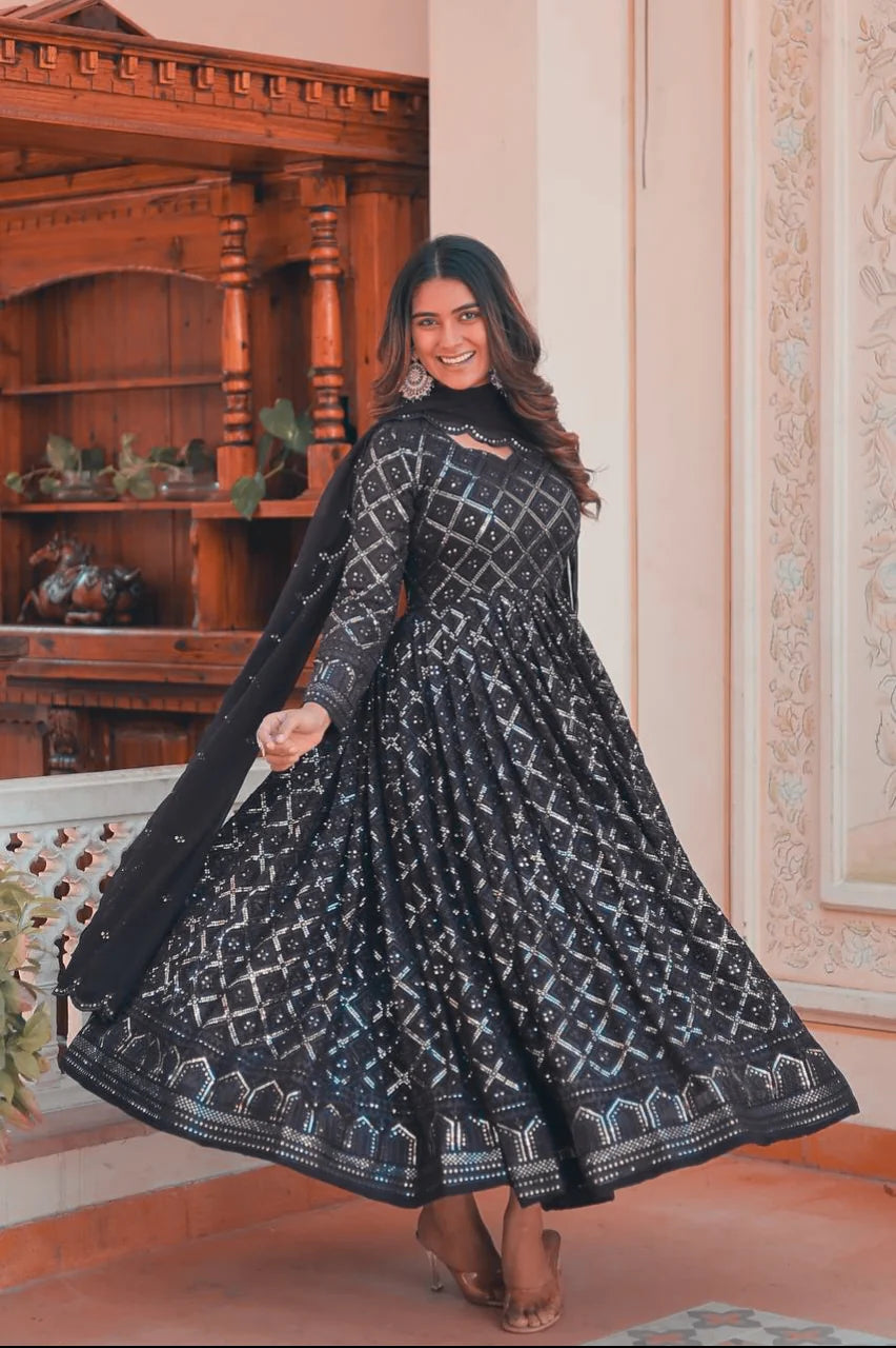 Black Lucknowi Sequins Work V NECK Gown pent and duptta suit set