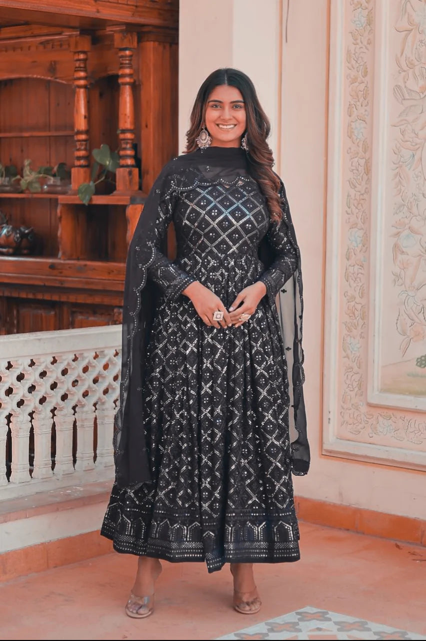 Black Lucknowi Sequins Work V NECK Gown pent and duptta suit set