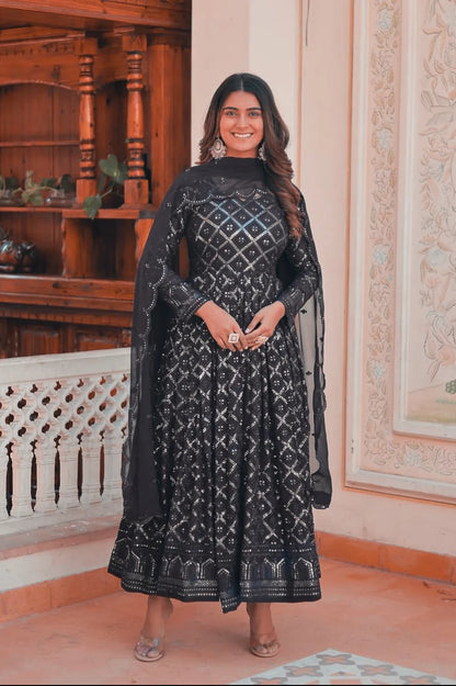 Black Lucknowi Sequins Work V NECK Gown pent and duptta suit set