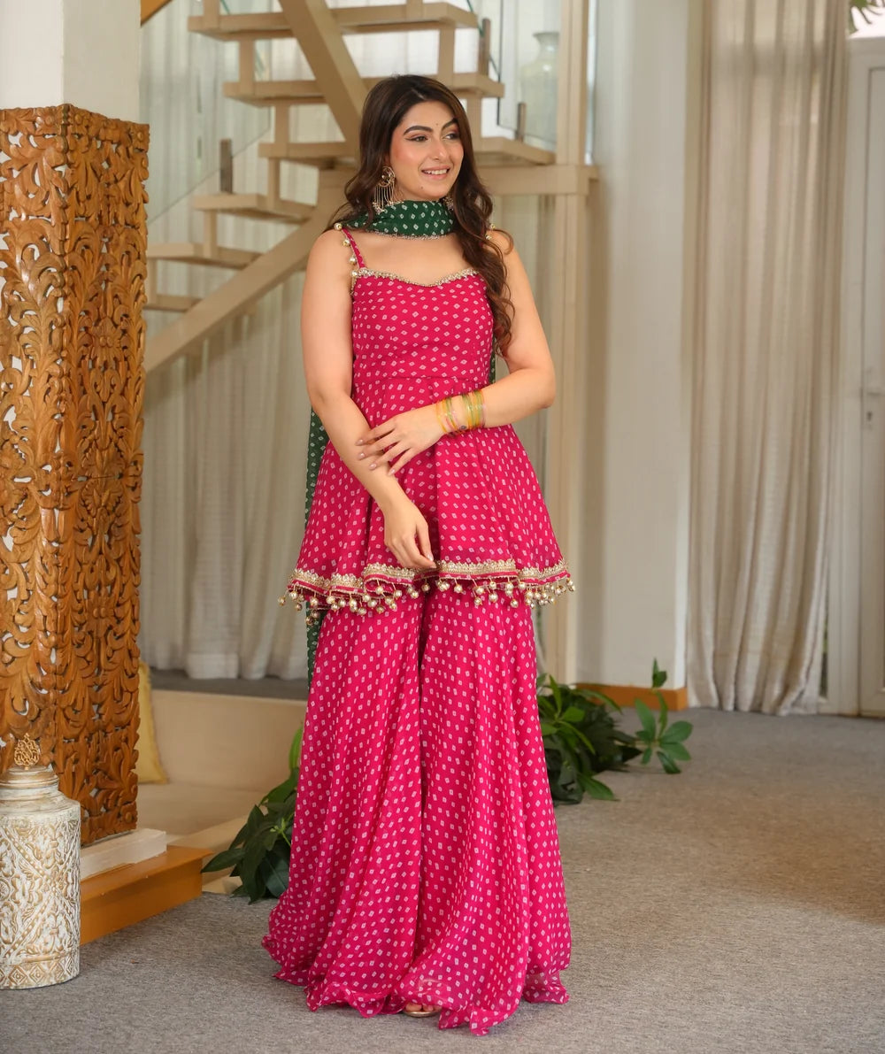 Pink Printed Georgette Plazzo Suit with Green Dupatta